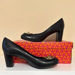 Tory Burch Black Leather Heels with Gold Accent